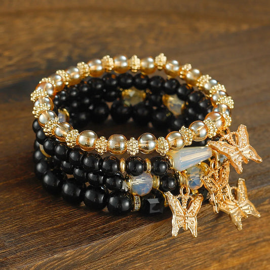 Luckacco 4pcs Set Bohemia Exquisite Acrylic Beaded Crystal Butterfly Bracelet for Women Charm Multilayer Pearl Bangle Jewelry Friend Gift