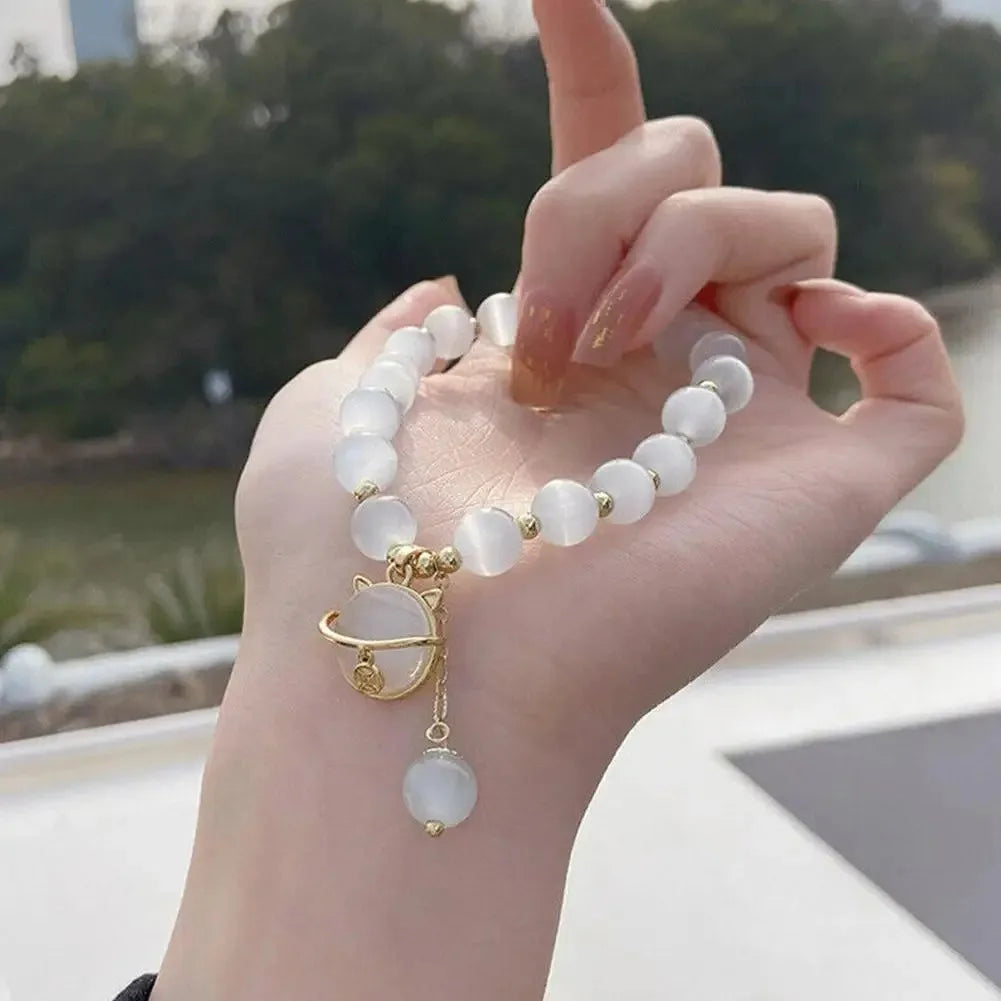 luckacco exquisite opal beaded bracelet for women elegant lucky cat pendant adjustable bracelets fashion friendship jewelry gifts