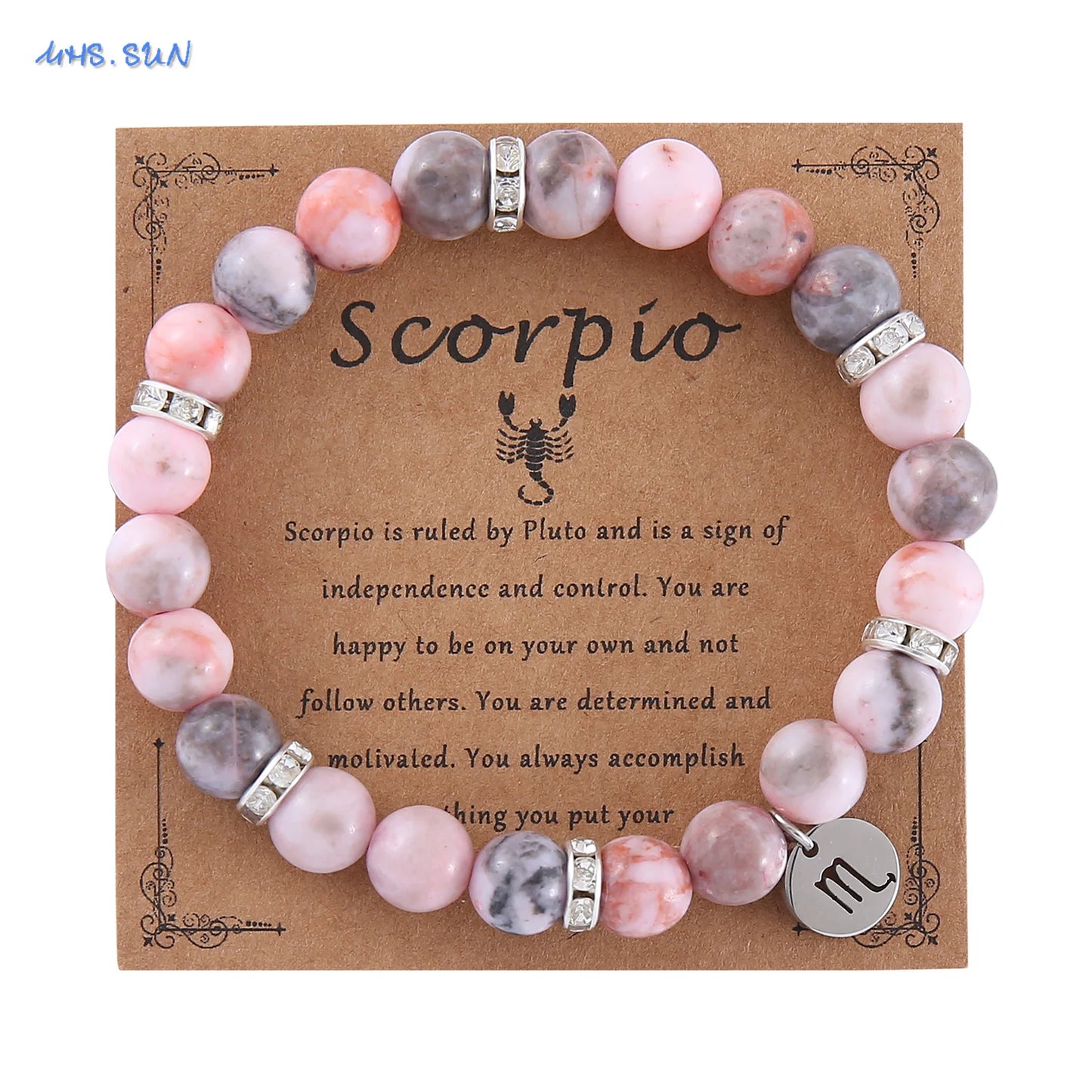 luckacco mhs.sun 12 star zodiac sign pink zebra stone beaded bracelets constellation fashion birthday party jewelry for women men