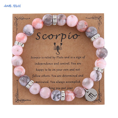 Luckacco MHS.SUN 12 Star Zodiac Sign Pink Zebra Stone Beaded Bracelets Constellation Fashion Birthday Party Jewelry For Women Men