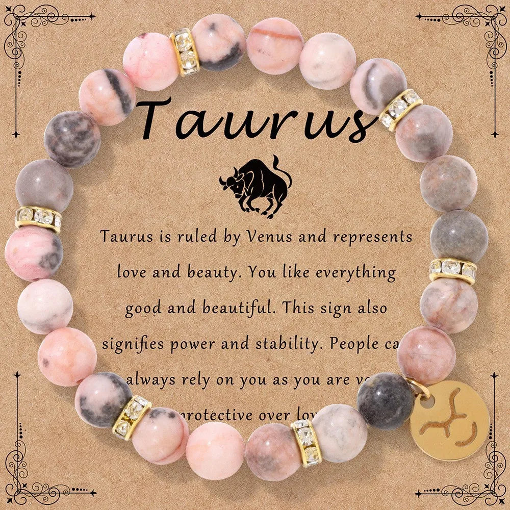 luckacco mhs.sun 12 star zodiac sign pink zebra stone beaded bracelets constellation fashion birthday party jewelry for women men