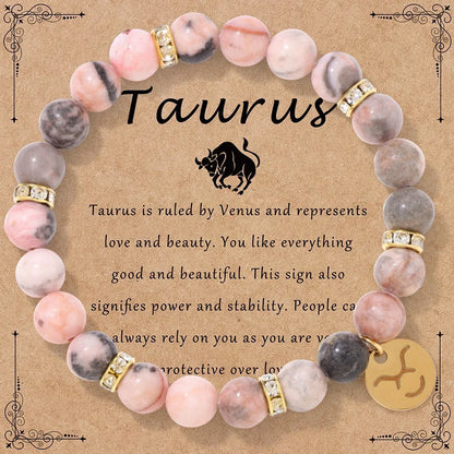 Luckacco MHS.SUN 12 Star Zodiac Sign Pink Zebra Stone Beaded Bracelets Constellation Fashion Birthday Party Jewelry For Women Men