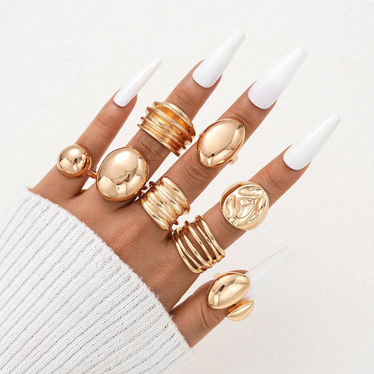 Luckacco Vintage Chic Geometric Stone Inlaid Ring Set for Women Simple Chunky Gold Color Geometric Rings Daily Wear Party Jewelry Gifts