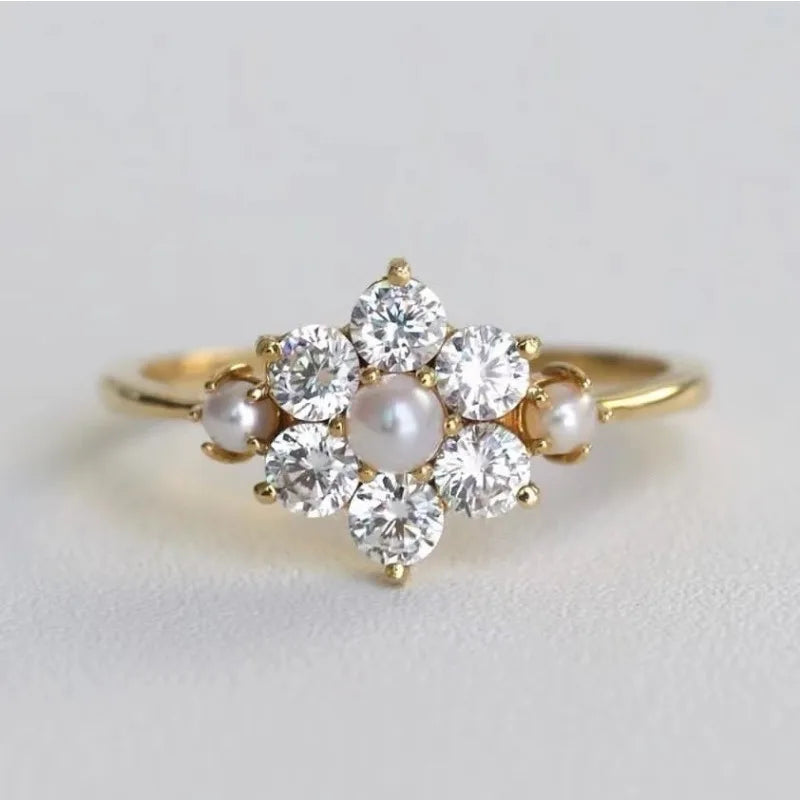 luckacco exquisite gold color round flower imitation pearl white stone rings wedding party jewelry rings for women