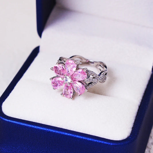 Luckacco 2023 Exquisite Zircon Women's Ring Pink Flowers Lady Engagement Ring Party Jewelry Peach Blossom Ring Fashion Jewelry For Women