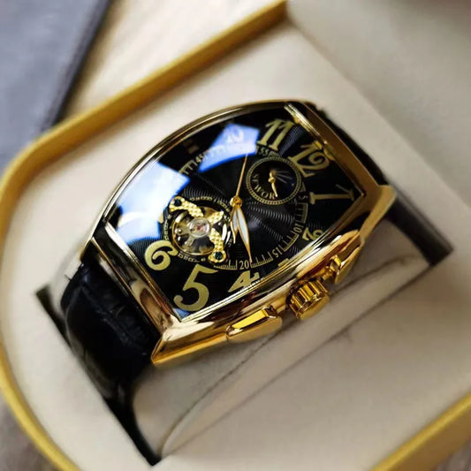 Luckacco Luxury Automatic Mechanical Watch for Men Sports Watches Tourbillon Skeleton Military Male Clock Cool Tonneau Man Wristwatch