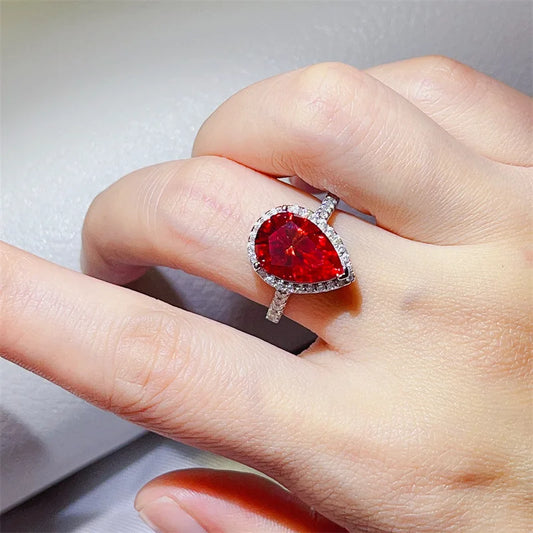 Luckacco Luxury Pear Cut 5Ct Red Moissanite Diamond Ring 925 Sterling Silver Party Wedding Band Rings for Women Bridal Engagement Jewelry