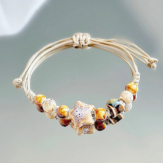 Luckacco Kaseakia Handmade Vintage Ceramic Stone Beads Wax Cord Adjustable Beaded Bracelets Bohemian Boho Jewelry for Women