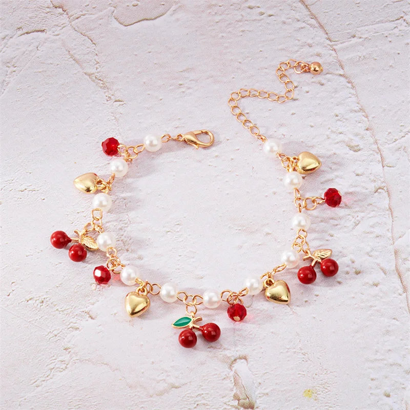 luckacco sweet cute red strawberry cherry heart pearl charm bracelet new fashion y2k fruit gold color chain jewelry party gifts 2025