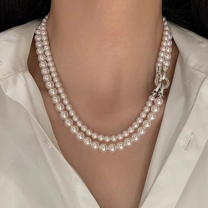 Luckacco Fashion Aristocratic Double-Layer Layered Pearl Necklace for Women Detachable Vintag Banquet Jewelry Collarbone Chain