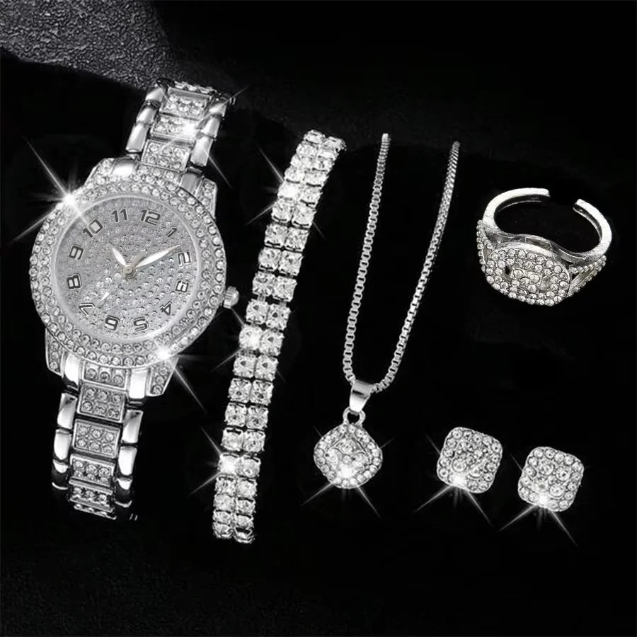 luckacco 6pcs/set silver women's watch business leisure element watch luxury dial quartz watch jewelry set gift for her