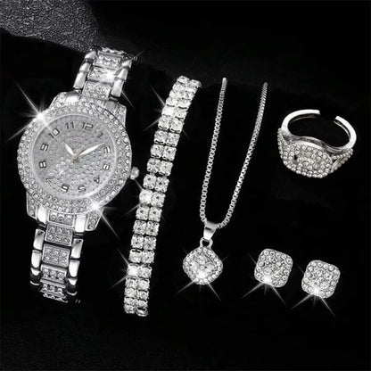 Luckacco 6PCS/SET Silver Women's Watch Business Leisure Element Watch Luxury Dial Quartz Watch Jewelry Set Gift For Her