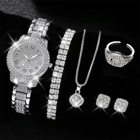 Luckacco 6PCS/SET Silver Women's Watch Business Leisure Element Watch Luxury Dial Quartz Watch Jewelry Set Gift For Her