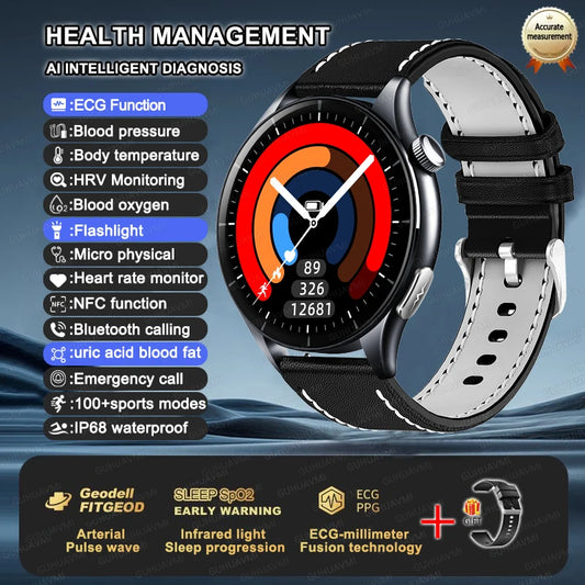 Luckacco 2025 New Health Analysis ECG+PPG Smart Watch Body Fat Uric Acid Blood Pressure Heart Rate Tracker NFC Smartwatch For Android IOS