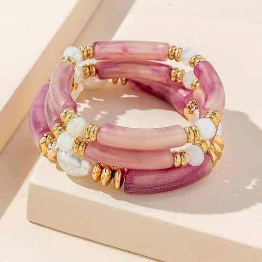 Luckacco 3PCS Set Vintage Design Resin Elastic Bracelet Blue Bamboo Gold Color Spacer Pearl Bracelet Pink Green Coffee Color Option
