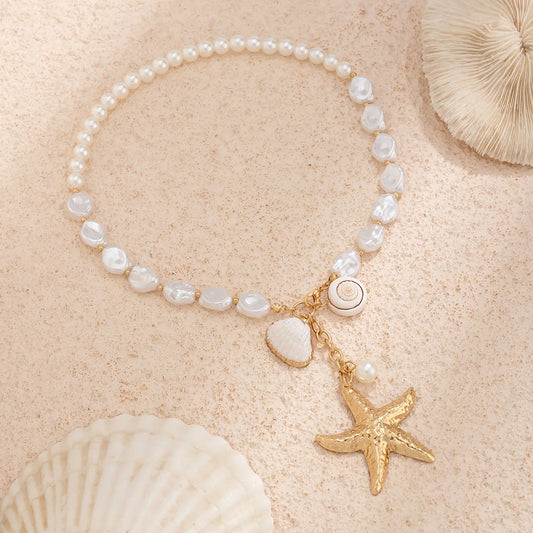 Luckacco Boho Shell Starfish Gold Color Pendant Necklace Women's 2024 Vintage  Pearl Imitation Sweet Girl Fashion Charm Beach Jewelry