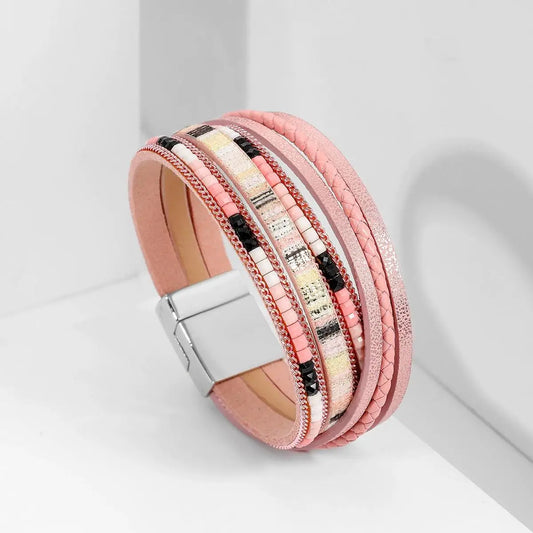 Luckacco Multilayer Brown Leather Bracelet For Women Fashion Creative Bohemian Hand Woven Magnetic Clasp Bracelet