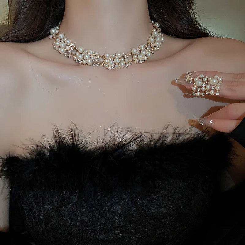 luckacco 3 pcs rhinestone pearl rectangular earrings necklace set two-piece vintage choker accessory light luxury jewelry sets wedding