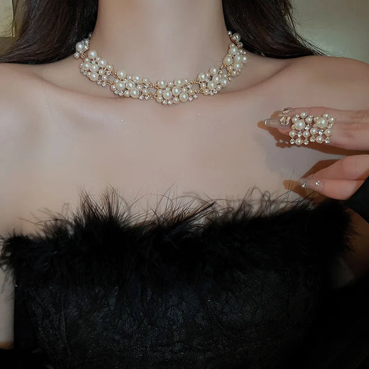 Luckacco 3 Pcs Rhinestone Pearl Rectangular Earrings Necklace Set Two-piece Vintage Choker Accessory Light Luxury Jewelry Sets Wedding