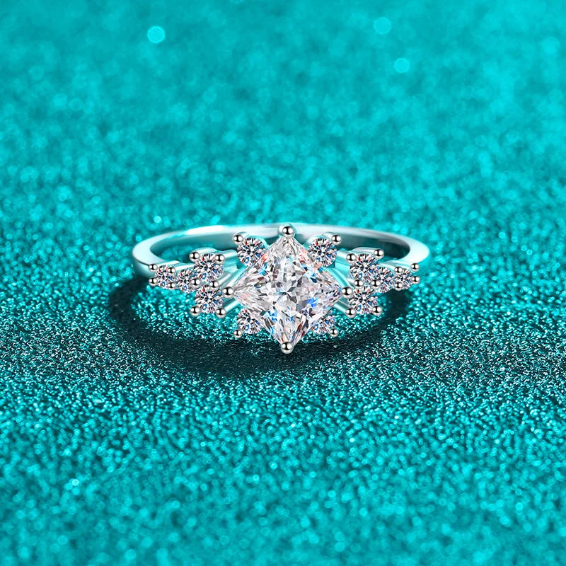 luckacco luxury 18k white gold wedding ring 1ct d color real moissanite square geometric design ring exquisite women's jewelry