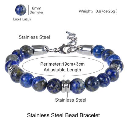 Luckacco 8mm Natural Stone Lapis Lazuli Beaded Bracelet Adjustable Stainless Steel Chain Bracelet for Men Women Handmade Jewelry Gifts
