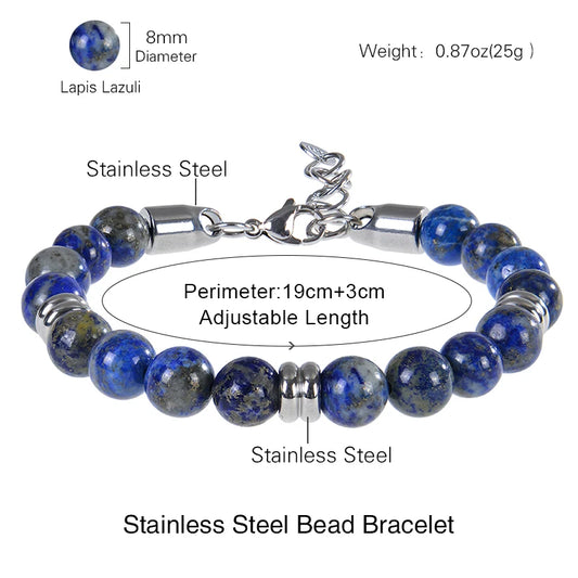 Luckacco 8mm Natural Stone Lapis Lazuli Beaded Bracelet Adjustable Stainless Steel Chain Bracelet for Men Women Handmade Jewelry Gifts