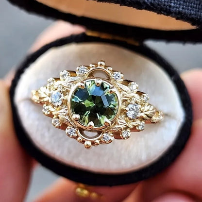 Luckacco Charm Gold Color Inlaid with Green White Stone Flower Leaf Rings Attractive Party Engagement Wedding Rings for Women Jewelry