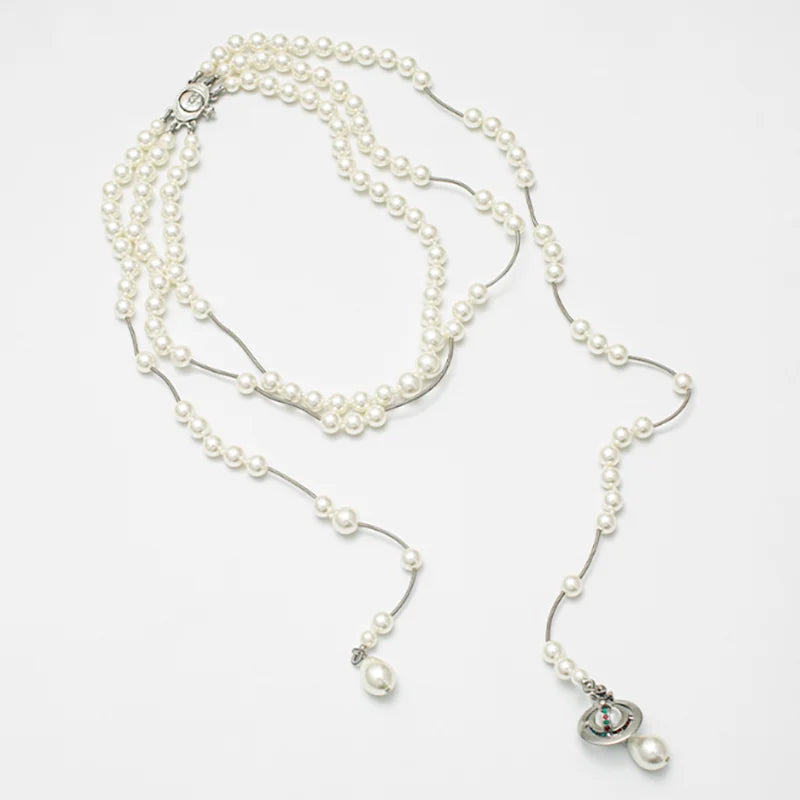 luckacco multi-layer saturn pearl necklace female high-end sense queen mother west tassel necklace sweater chain imitation pearl necklace
