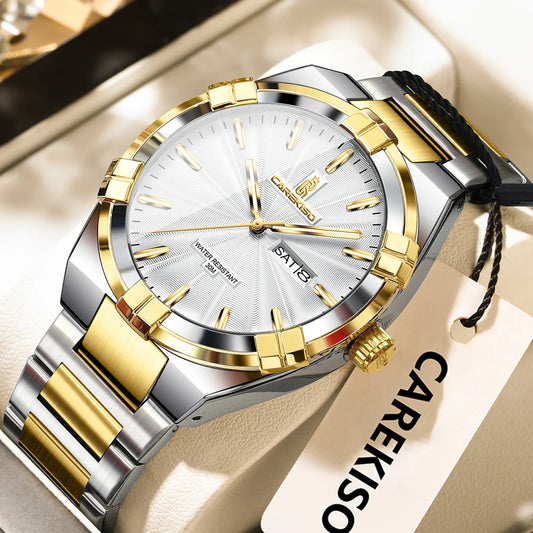 Luckacco CAREKISO Military Business Men Clock Date Week Waterproof Luminous Quartz Man Wristwatch Stainless Steel Men's Watches Reloj+Box