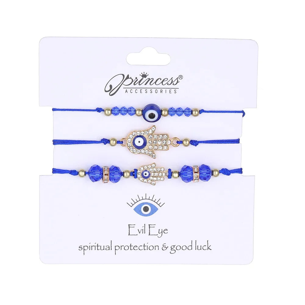 luckacco 3pcs turkish evil eye palm butterfly bracelets for men women lucky eyes bead round shaped woven chain bracelets jewelry gift