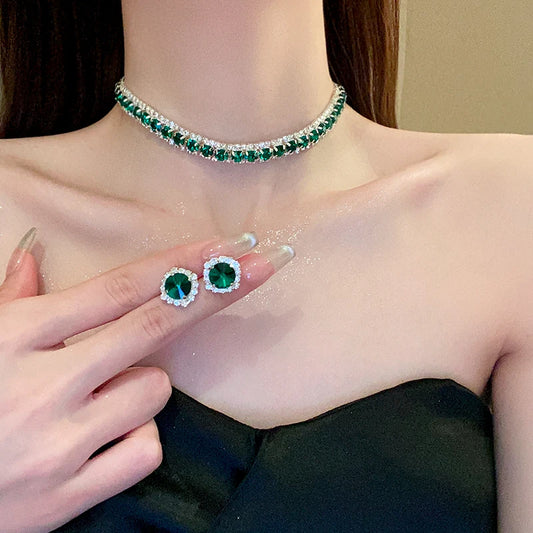 Luckacco Luxury Green Rhinestone Necklace Stud Earrings For Women Crystal Choker Necklaces Ladies Fashion Weddings Banquet Jewelry Set