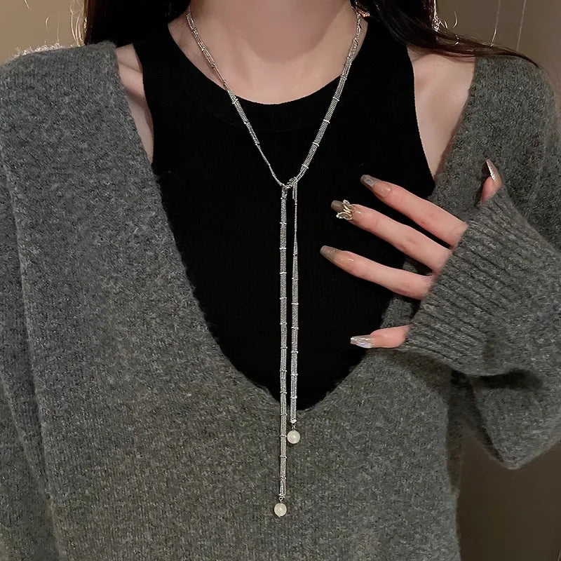 luckacco new trendy fashion 925 silver pearl simple elegant thin chain pendant necklace for women girl jewelry dropship