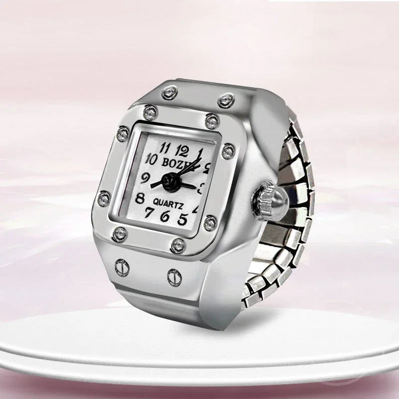 luckacco vintage punk finger watch mini elastic strap alloy watches couple rings jewelry clock retro roman quartz watch rings women men