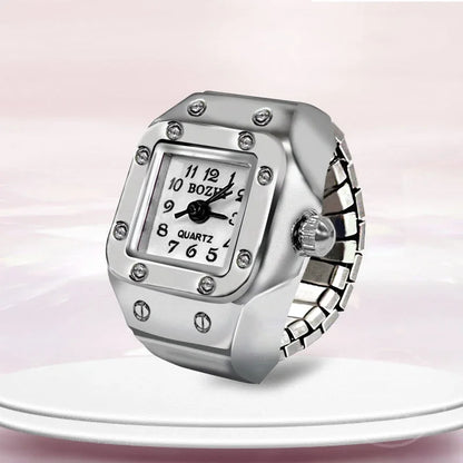 Luckacco Vintage Punk Finger Watch Mini Elastic Strap Alloy Watches Couple Rings Jewelry Clock Retro Roman Quartz Watch Rings Women Men