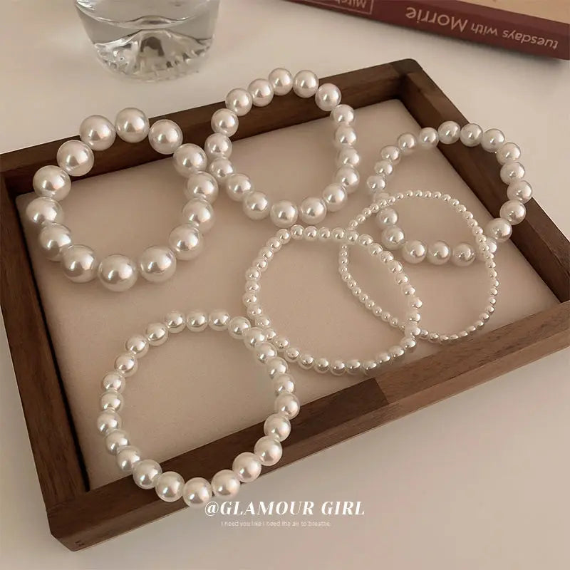 luckacco elegant white faux pearls beaded bracelets for women adjustable elastic rope bracelet french luxury hands jewelry accessories