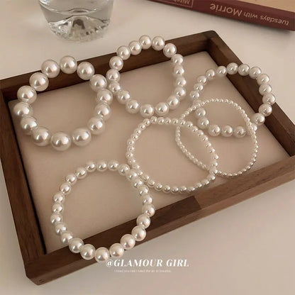 Luckacco Elegant White Faux Pearls Beaded Bracelets for Women Adjustable Elastic Rope Bracelet French Luxury Hands Jewelry Accessories