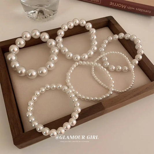 Luckacco Elegant White Faux Pearls Beaded Bracelets for Women Adjustable Elastic Rope Bracelet French Luxury Hands Jewelry Accessories