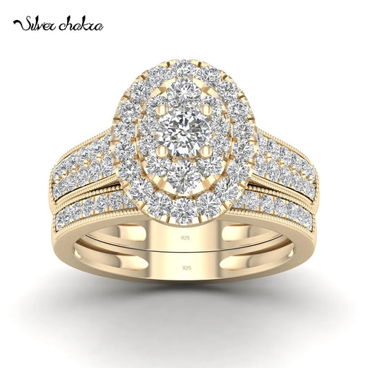 Luckacco 2PCS Diamond Couple Rings Set Woman Wedding Engagement Sterling Silver Ring Shining Luxury 5A Zircon 14k Gold Classic Jewelry