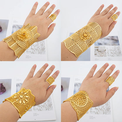 Luckacco Gold Plated Cuff Bracelet With Ring Female Dubai Gold Color Bangles For Women Luxury Dubai Anniversary Gift Jewelry Accessories