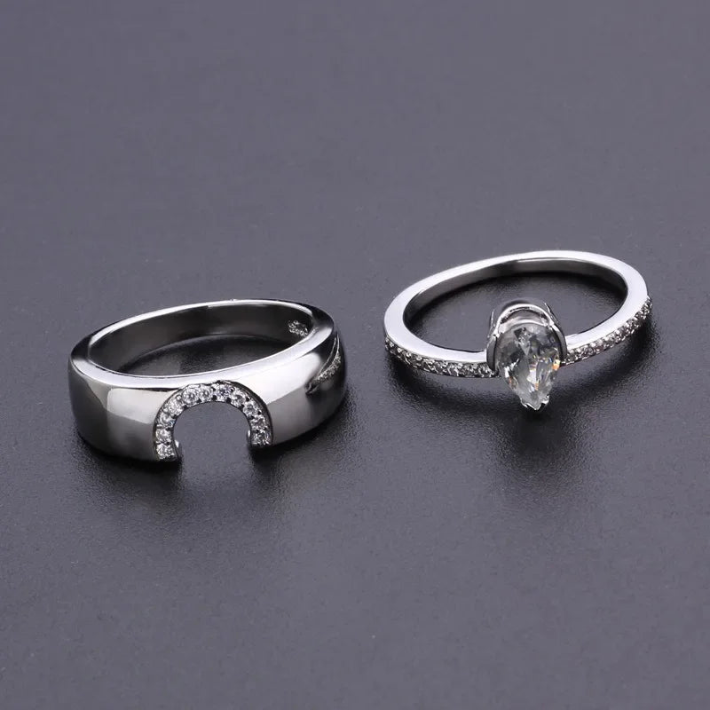 luckacco exquisite women silver color waterdrop metal inlaid white round zicron stones ring set wedding engagement rings jewelry