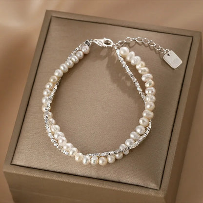 Luckacco Fashion 925 Sterling Silver Pearl Bracelets for Women Girls Luxury Double Layer Pearl Silver Chain Bracelets Party Jewelry Gifts