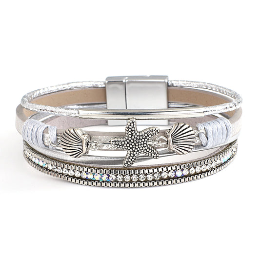 Luckacco ALLYES Charm Starfish Shell Leather Bracelet for Women Men Boho Metal Tube Crystal Beads Chain Bracelets & Bangles Beach Jewelry