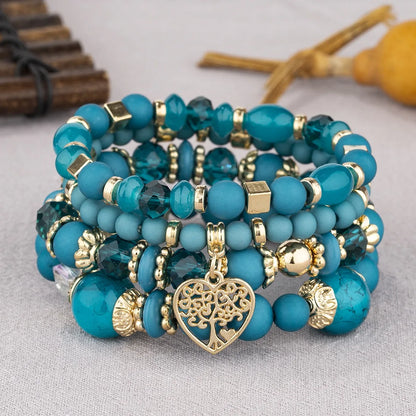 Luckacco New Acrylic Beads Chain Bracelet Set For Women Tree Of Life Charm Elastic Bangle Female Bohemian Jewelry Accessories