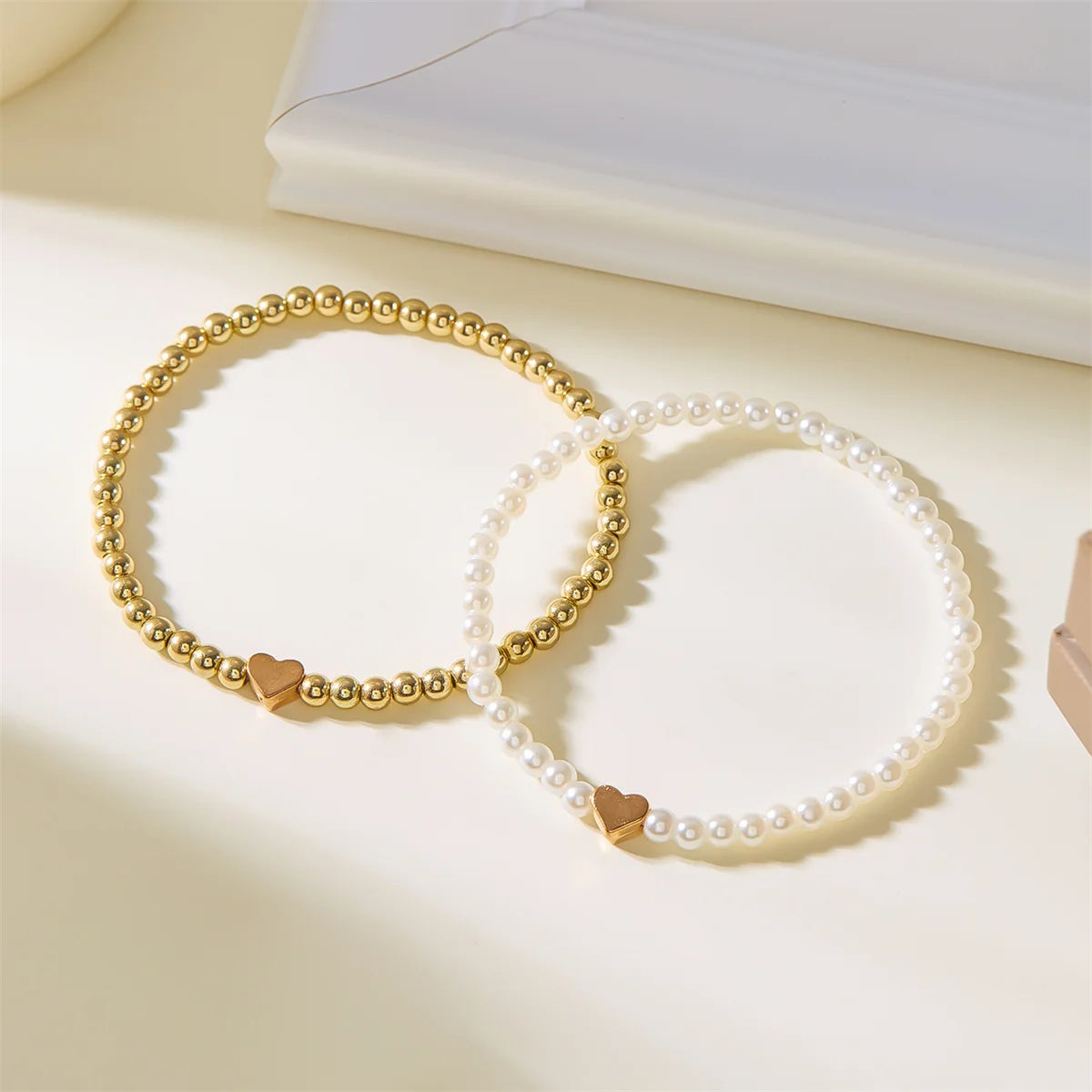 luckacco double layer minimalist love heart gold color imitation pearl beaded bracelets for women men retro cross star bangles jewelry