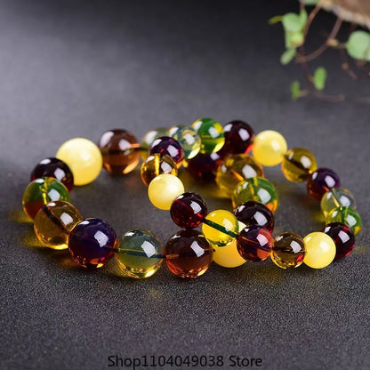 Luckacco Natural Burmese Beeswax Duobao Round Beads Bracelet for Men and Women Raw Ore Amber Single Circle All-match Couple Handstring