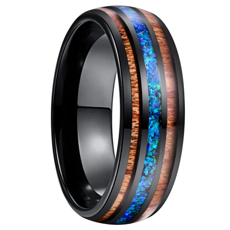 luckacco 8mm unique blue opal inaly men's black stainless steel rings koa wood wedding band jewelry party steel ring accessory