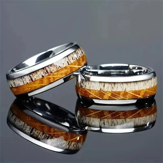 Luckacco Fashion 8mm Men Stainless Steel Rings Silver Color Brushed Deer Antler And Koa Wood Rings for Men Wedding Band Jewelry