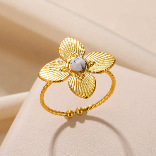 Luckacco Stainless Steel Rings Natural Stone Lucky Jewelry Round Sun Vintage Gold Color Ring For Women Anniversary Gift New Female Male