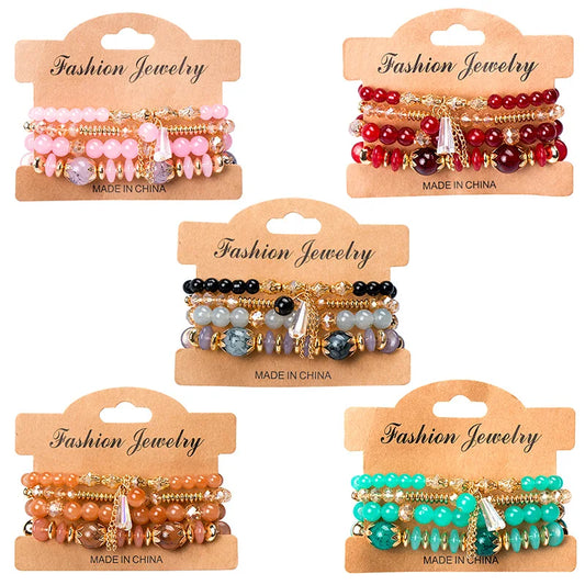 Luckacco 4 pieces/set Bohemian crystal tassel multi-layer elastic rope bracelet, handmade beaded bracelet, women's fashion accessories