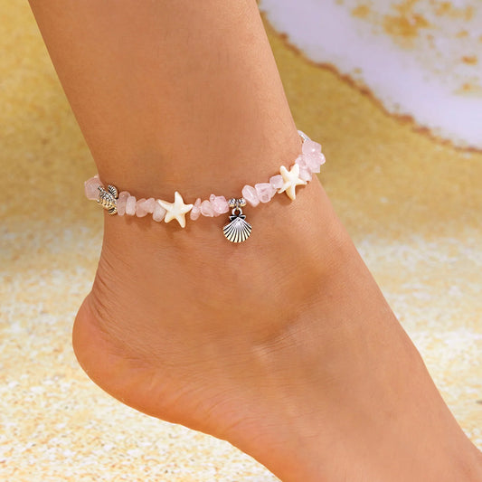 Luckacco Natural Crystal Stone Shell Bracelet Bohemian Painted Shell Starfish Anklet Beaded Bracelet For Women Beach Jewelry Gifts